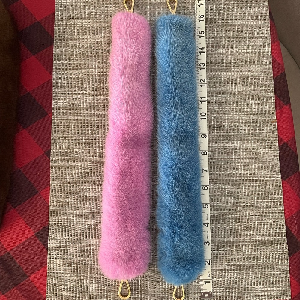 Genuine mink fur handbag purse bag strap handle blue gold hardware